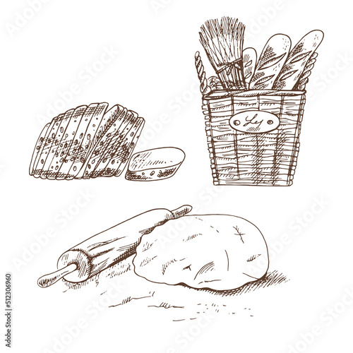 Vintage hand drawn sketch style bakery set. Bread, pastry sweets, dough on white background. Vector illustration. Icons and elements for print, web, mobile and infographics.