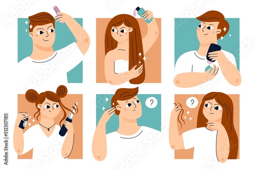 Hair care man. People everyday beauty routine. Alopecia problem. Persons applying mask and serum. Guy combing or making hairstyle. Woman curling and straightening. Garish vector set