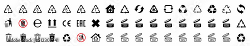 Packaging icons. Recycling symbols. Standard signs. Pao signs. Trash can icon and Recycle icons set. Trash bin. Vector illustration