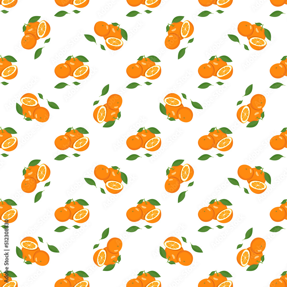 Fototapeta premium Seamless bright spring and summer pattern with oranges and slices on a white background. A set of citrus fruits for a healthy lifestyle. Vector flat illustration of healthy food