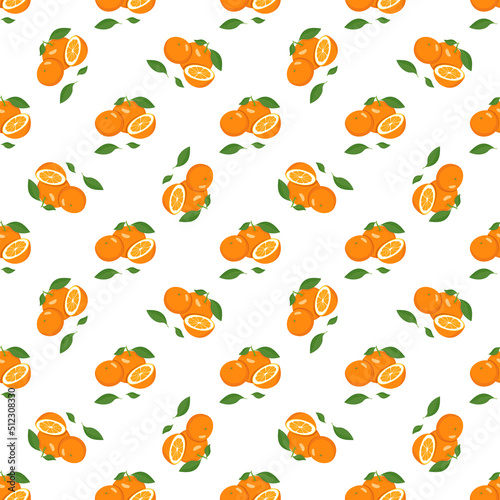 Fototapeta Naklejka Na Ścianę i Meble -  Seamless bright spring and summer pattern with oranges and slices on a white background. A set of citrus fruits for a healthy lifestyle. Vector flat illustration of healthy food