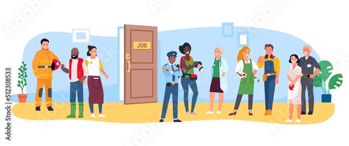 People of different profession search job. Specialists in employment office. Candidates for vacancy. Photographer and fireman recruitment. Hiring policeman and painter. Vector concept