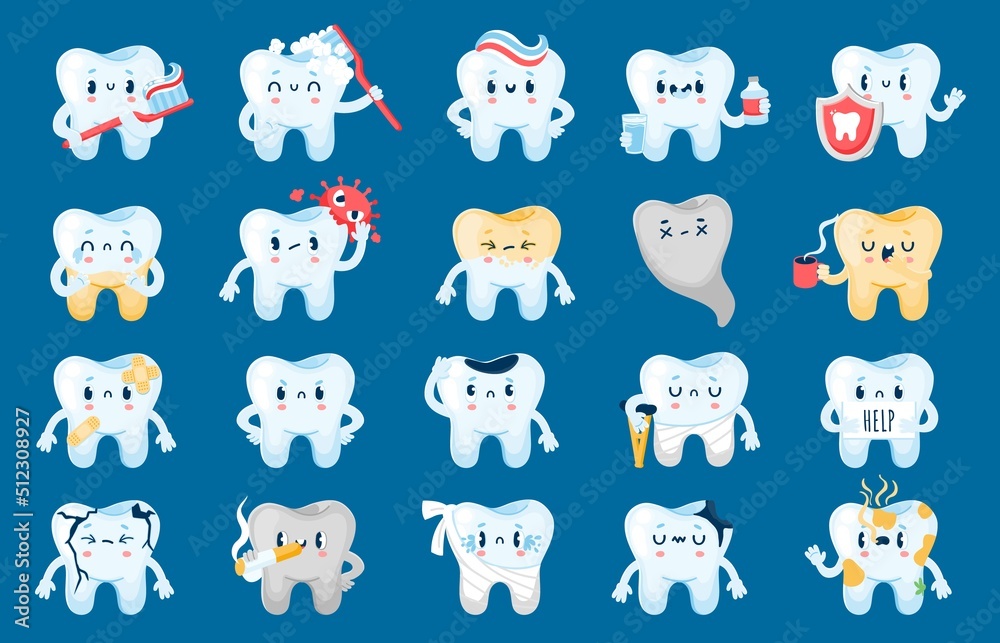 Good and bad tooth. Healthy cartoon characters and with dental problems, caries, infection and erosion. Vector unhappy teeth with sad faces, dental care concept Good and bad tooth. Healthy cartoon characters and with dental problems, caries, infection and erosion. Vector unhappy teeth with sad faces, dental care concept