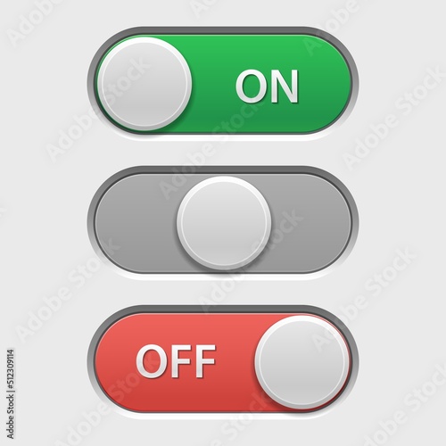 On off button. User interface switch for adjustment menu in on, neutral, and off option positions, modern web and phone UI elements. Vector set