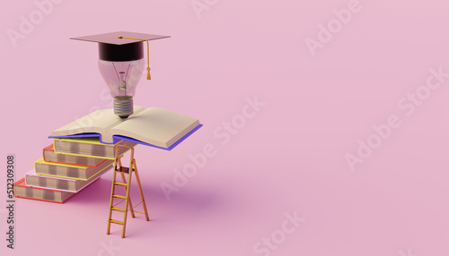 3D illustration of stacks of books, stairs, lights, and graduation caps, 3d representing the concept of education and development leading to graduation.