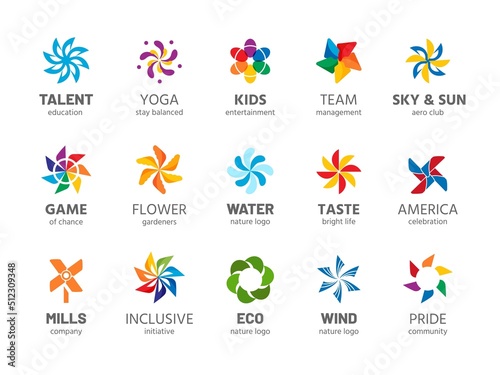 Pinwheel logo. Abstract rainbow color summer spinner symbol, wind propelled children summer toy isolated collection. Vector business logos photo