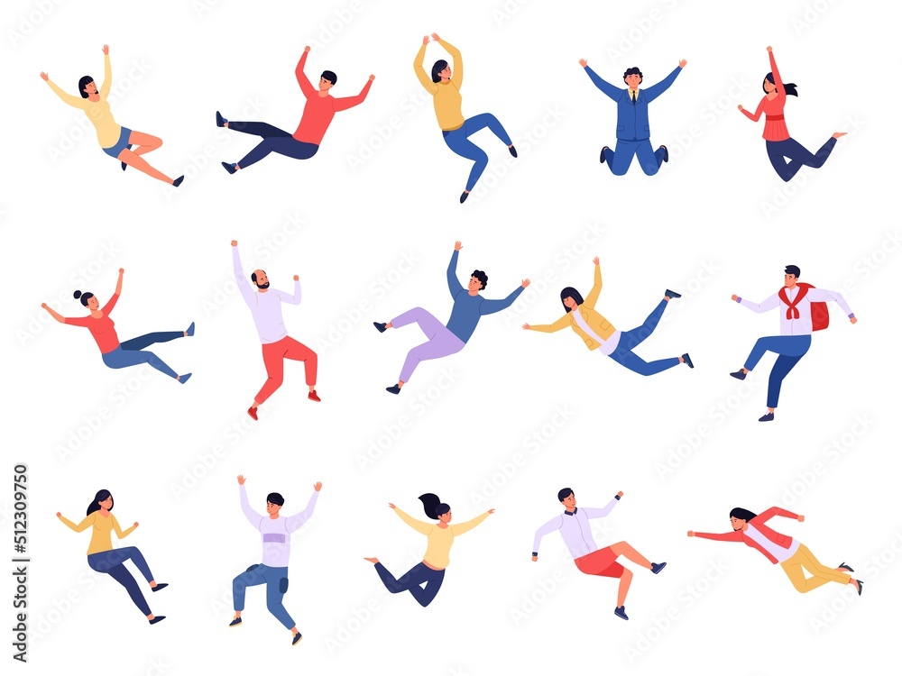 Flying people. Floating and falling characters, dream and imagination concept with various young persons. Vector group of teenagers flying together