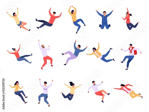 Flying people. Floating and falling characters, dream and imagination concept with various young persons. Vector group of teenagers flying together © Tartila