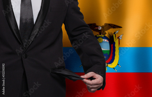 Empty pockets against flag of Ecuador background Financial difficulties, bad economy, no money concept. © millaf