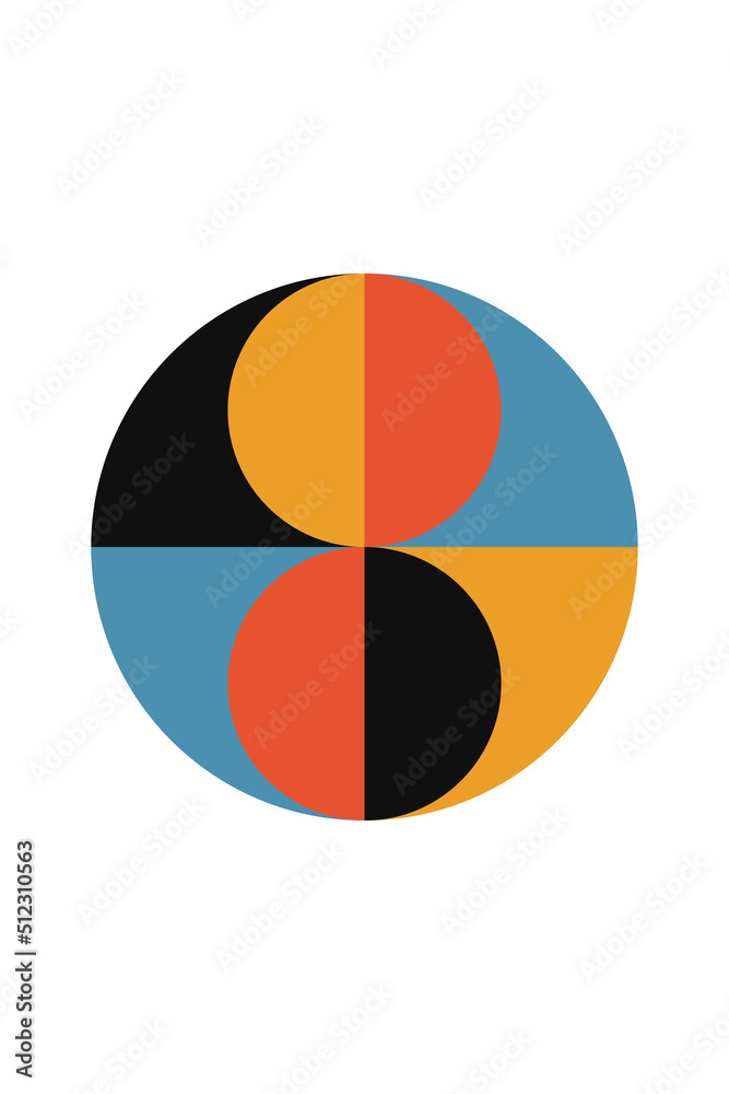 Abstract geometric minimalist artwork. Vector illustration made of simple shapes like circle, square, triangle. Retro background in Bauhaus style and bold colors: red, yellow, blue and black on white Abstract geometric minimalist artwork. Vector illustration made of simple shapes like circle, square, triangle. Retro background in Bauhaus style and bold colors: red, yellow, blue and black on white