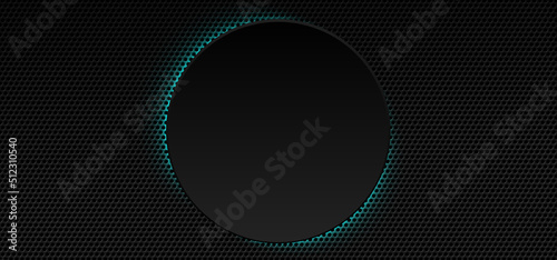 Black grid background with neon borders. Abstract metallic surface with holes backdrop. Perforated black metal material texture. Urban style vector illustration.