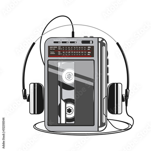 Cassette player with headphones vector illustration. 80s technology. Portable audio cassette player. 90s music. Retro style 90s illustration.