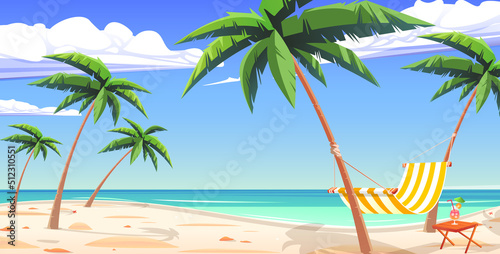 Tropical landscape with sea bay, sand beach, palm trees and clouds on horizon vector illustration © LIORIKI