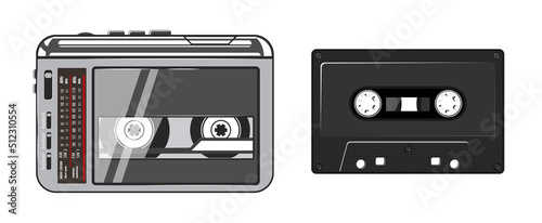 Cassette player with headphones vector illustration. 80s technology. Portable audio cassette player. 90s music. Retro style 90s illustration.
