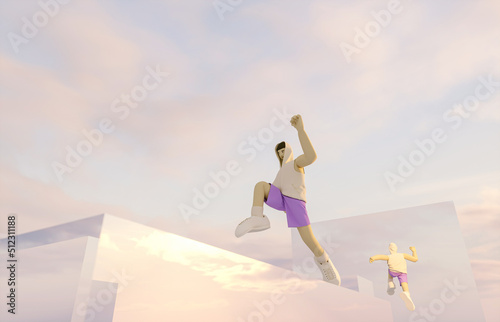 Metaverse avatar young man jumping in the virtual mirror city. Future innovations  game and sports concept. 3d rendering.