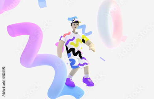 Metaverse avatar dancing in the geometic memphis virtual space. Future innovations and entertainment concept. 3d rendering.