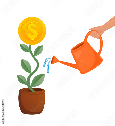 Hand with watering can. Hand businessman watering plant money on white background. Business investment growth concept