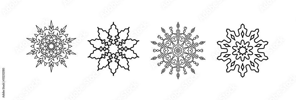 Set of four black silhouette of Christmas snowflakes isolated on white background. Set of four black silhouette of Christmas snowflakes isolated on white background.