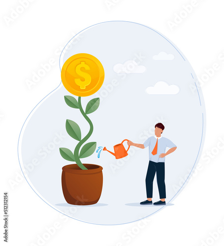 Hand with watering can. Hand businessman watering plant money on white background. Business investment growth concept