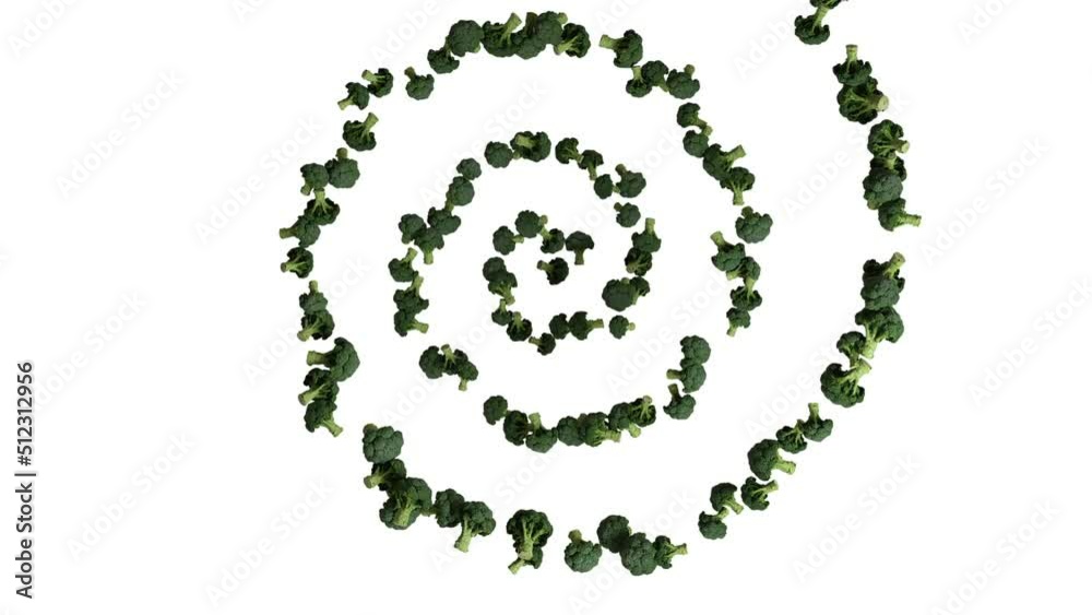 Broccoli flying in helix shape, upper view, seamless loop, against white