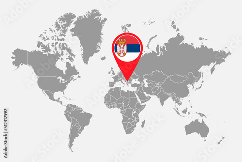 Pin map with Serbia flag on world map. Vector illustration.