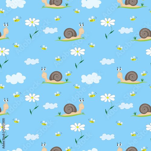 seamless children's pattern for fabric or background with bees, snails, flowers, clouds.