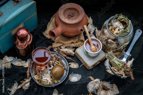 Chinese herbal tea (Jub Lieng). Mixed various herbal dry tea with Blady grass, Lotus leaf, Broken bones tree, Rehmannia glutinosa, Monk fruit sweetener(Luo Han Guo), Prunella vulgaris, Polygonatum.
