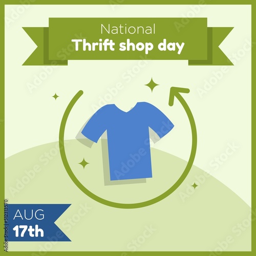 Happy national thrift shop day social media post, banner, thrifted clothing celebration advertisement concept, second hand fashion store marketing square ad, August 17th abstract print, isolated