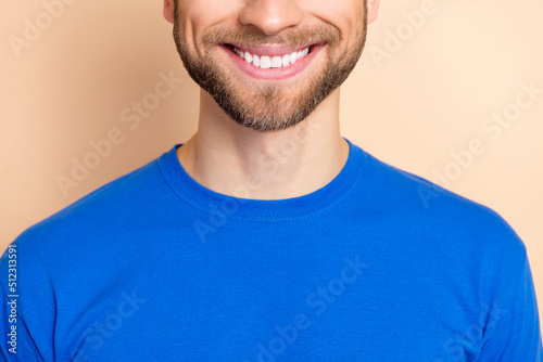 canvas print motiv - deagreez : Cropped photo of young cheerful guy toothy smile visit dentist cavity protection clinic isolated over beige color background