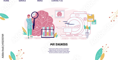 MRI diagnostics for neurology and prevention of cerebrovascular diseases website banner. Webpage of medical examination of the brain, flat vector illustration.