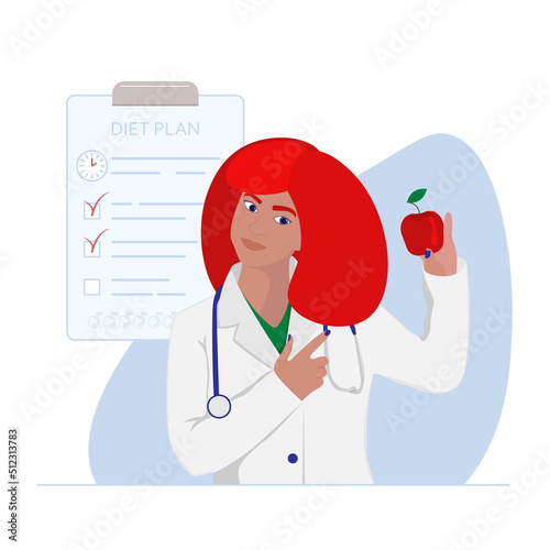 Nutritionist Woman Doctor hoding red apple and tablet with Diet Plan on background
