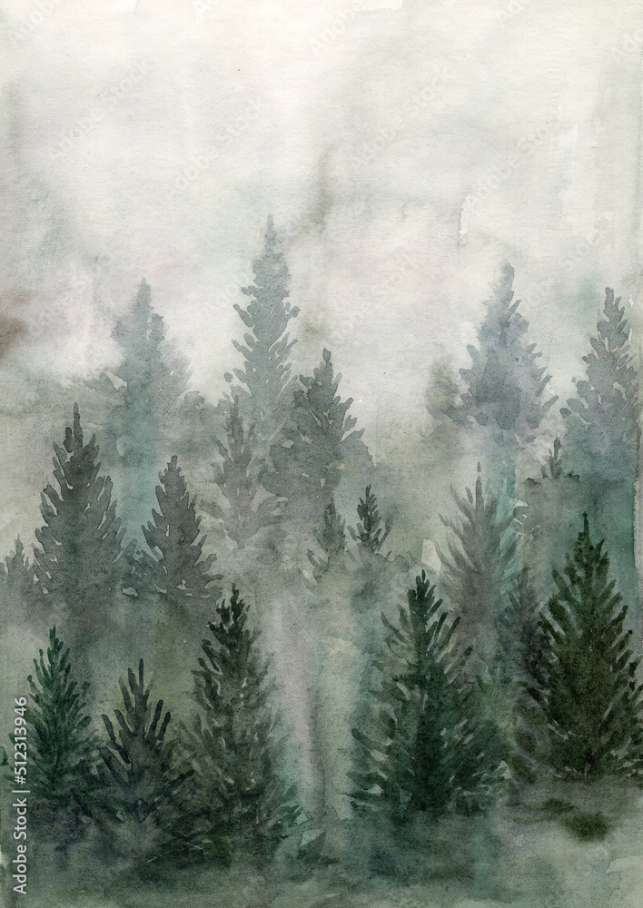 Obraz premium Hand painted watercolor green forest landscape.