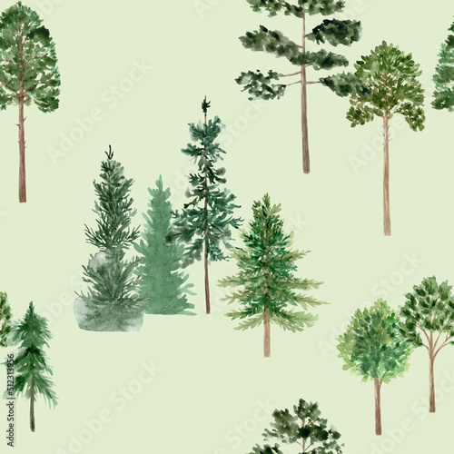 Seamless pattern. Hand painted watercolor spruce tree.