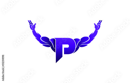 Letter P Logo With muscular open bicep shape. Fitness Gym logo.