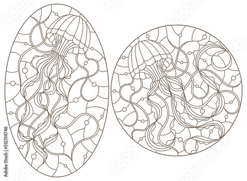 A set of contour illustrations of stained glass Windows with jellyfish on a background of water and air bubbles, dark contours on a white background
