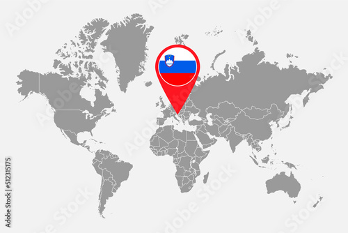 Pin map with Slovenia flag on world map. Vector illustration.