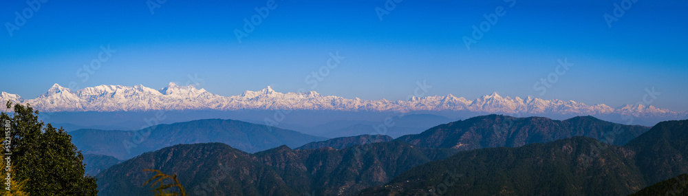 Himalayan Mountain range of snow-white peaks Panorama View