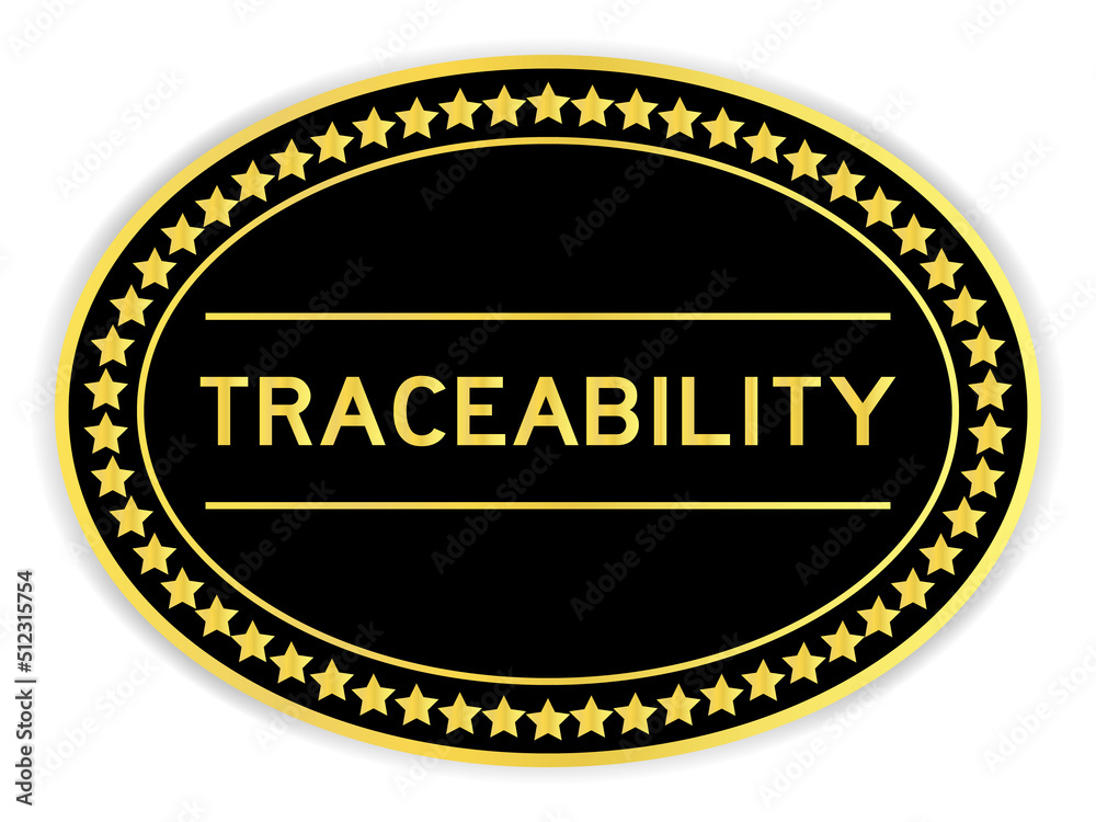 Black and gold color oval label sticker with word traceability on white background Black and gold color oval label sticker with word traceability on white background