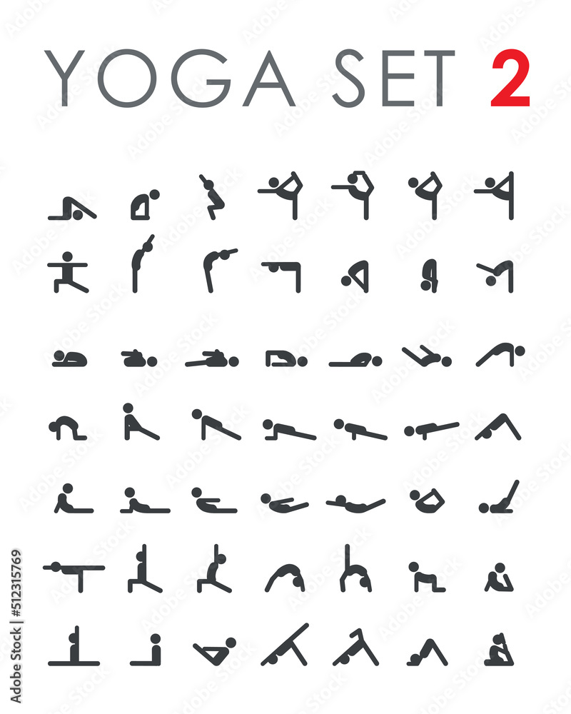 Vecteur Stock Big yoga poses asanas icons set. Vector illustrations. For  logo yoga branding. Yoga people infographics. Stick figures. Pilates  stretch gymnastics fitness poses | Adobe Stock