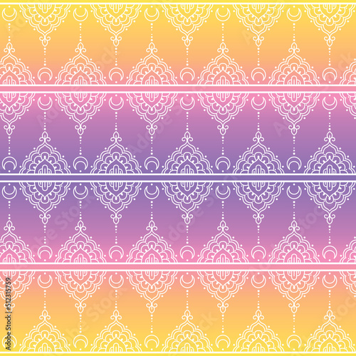 Vector seamless pattern mehndi, ethnic, indian, oriental, arabic style. white and yellow, violet, purple, rainbow geometric background.