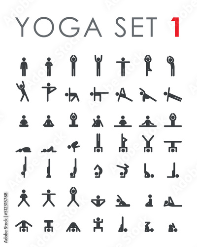 Big yoga poses asanas icons set. Vector illustrations. For logo yoga branding. Yoga people infographics. Stick figures. Pilates stretch gymnastics fitness poses