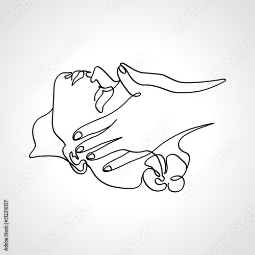 Woman face massage. Drawn with one continuous line. Monoline. Side view.