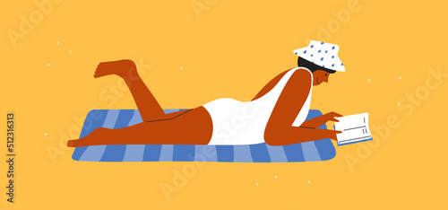 Woman in white swimsuit sunbathing on beach with book in hand. Female character reads outdoor. Summer leisure activity, rest. Girl lying down relaxing reading literature. Book club vector illustration