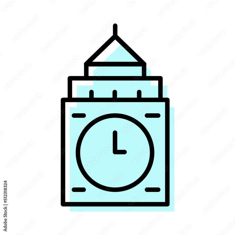 Clock tower building flat outline icon illustration travel landmark destination place. Clock tower building flat outline icon illustration travel landmark destination place.