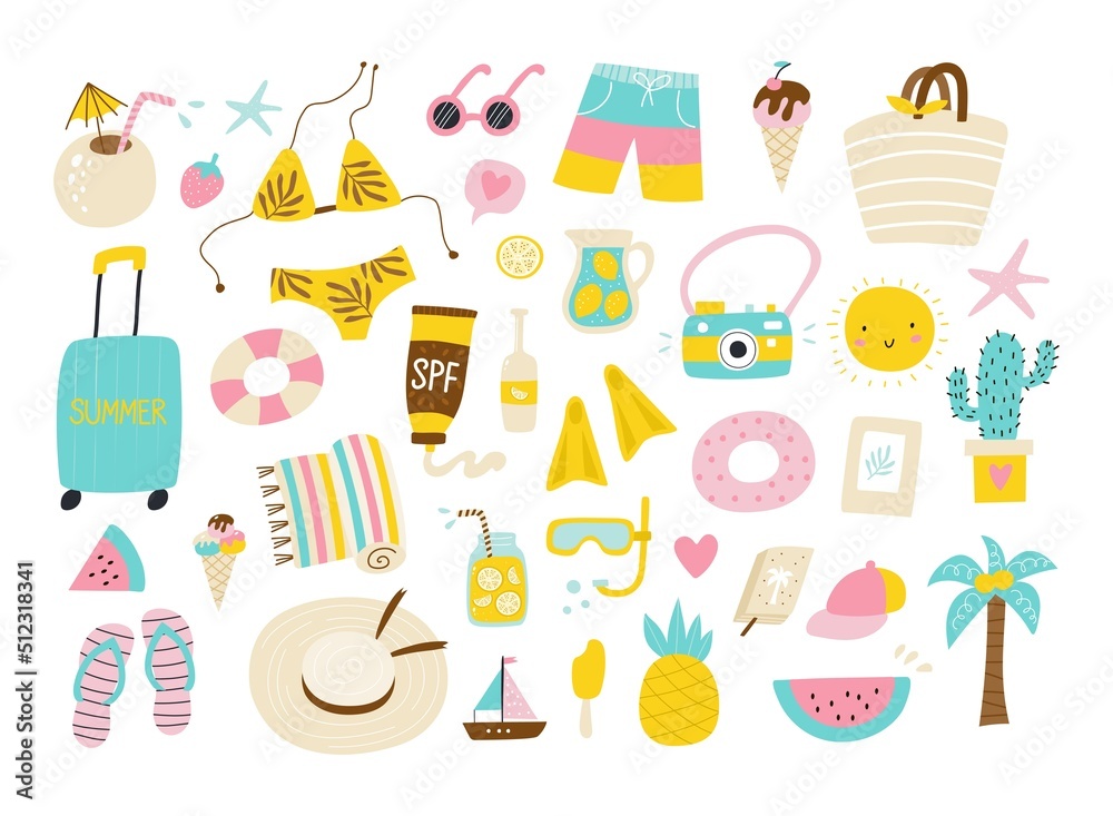 Summer set with hand drawn beach elements. Vector illustrations Summer set with hand drawn beach elements. Vector illustrations