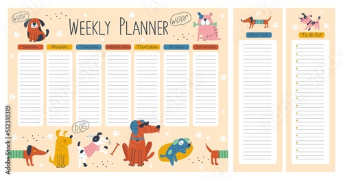 Hand drawing weekly planner with dogs. Vector illustrations photo