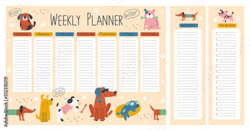 Hand drawing weekly planner with dogs. Vector illustrations