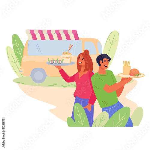 Street food festival or fair banner with food truck and couple enjoying meals. Culinary feast, takeout and street food, flat vector illustration isolated on white.