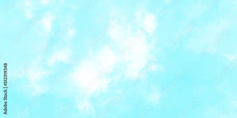 Abstract light blue watercolor painted sky mottled blue background with vintage marbled textured design on cloudy sky blue banner panoramic background. Soft clouds in blue sky watercolor.><