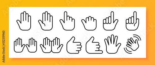 Hand gestures set icon. Index finger, fist, cool, deafmute, respect, salute, thumb up, waving, up, down. Gestures for the deaf concept. Vector line icon for Business and Advertising